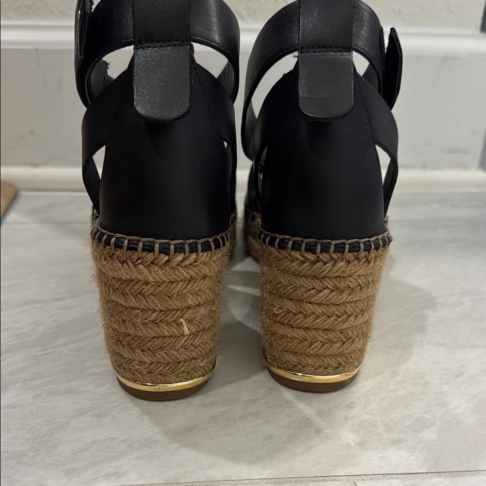 Franco Sarto Black and Tan Wedge Sandals - Picture 4 of 9